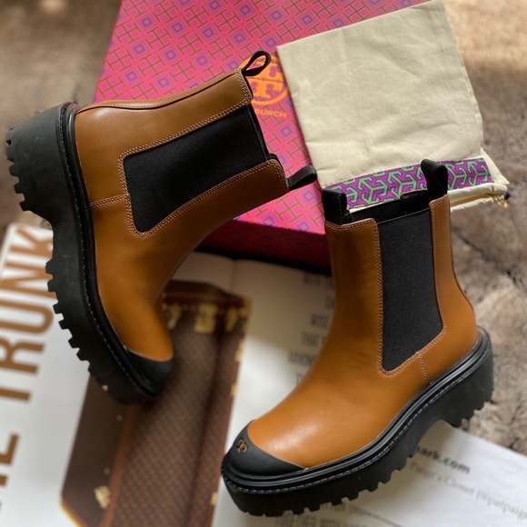 Tory Burch Lug Sole Platform Chelsea Bootie In Caballo Brown/black - Picture 11 of 13